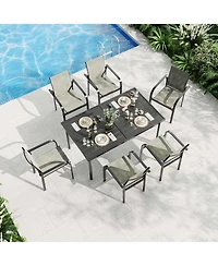 7 Piece Patio Dining Set for 6, Metal Outdoor Furniture Set with Rectangle Table and 6 Ergonomic Breathable Armchairs for Yard, Balcony, Poolside