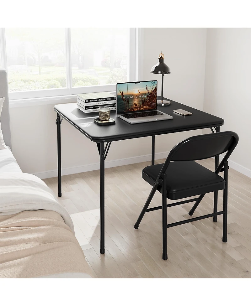 Folding Table and Chairs Set 3 Piece Square Poker Table with Metal Frame Pu Leather Seats Space Saving Portable for Party Game Night Camping
