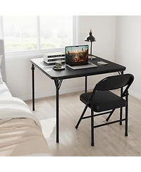 Folding Table and Chairs Set 3 Piece Square Poker Table with Metal Frame Pu Leather Seats Space Saving Portable for Party Game Night Camping