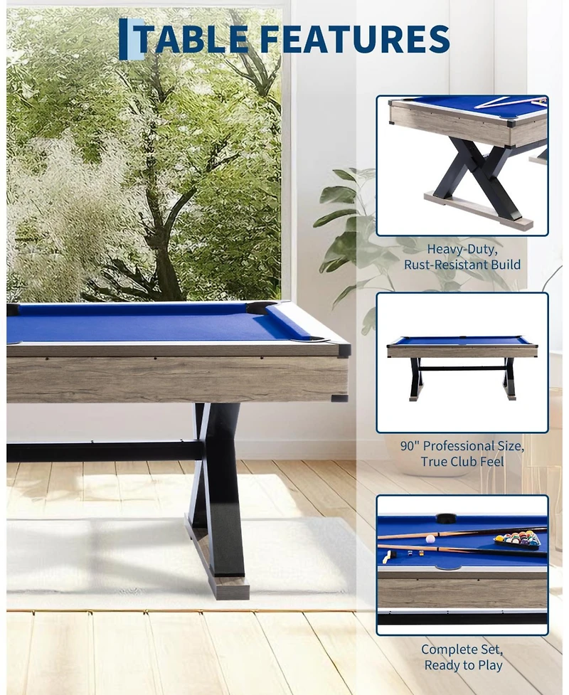 7 Ft Pool Table, Metal K-Leg Billiard Table, with 2 Cues, 16 Balls, Chalk, Triangle and Brush, Modern Finish, for Home Game Room, Family Entertainment