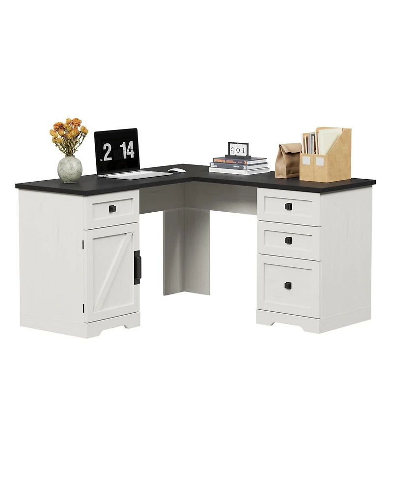 Farmhouse 60" L-Shaped Executive Desk with File Drawers and Adjustable Cabinet