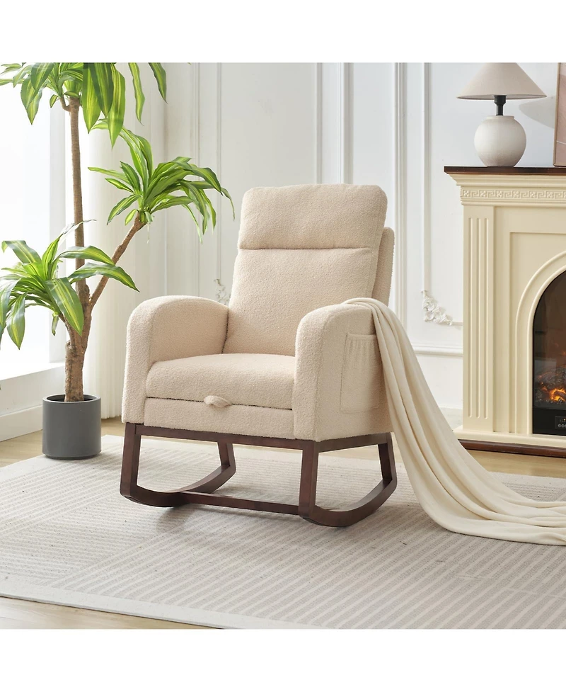 Nursery Glider Rocking Chair with Adjustable High Back, Side Pocket, Footrest, Stuffed Animal Upholstered Nursing Rocker with Wood Base for Nursery