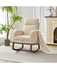 Nursery Glider Rocking Chair with Adjustable High Back, Side Pocket, Footrest, Stuffed Animal Upholstered Nursing Rocker with Wood Base for Nursery