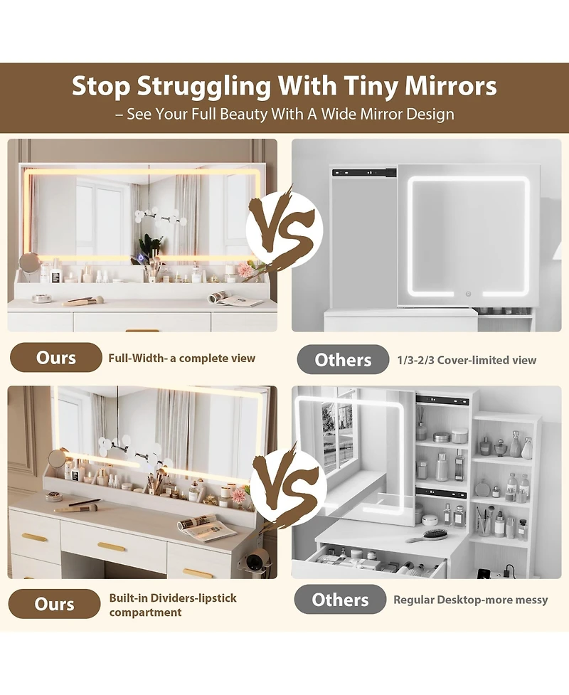 Makeup Vanity Desk with Led Lighted Mirror, Drawers, Cushioned Storage Stool, Built-in Charging Station, Dressing Table for Bedroom