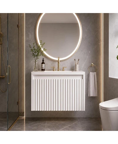 Wall Mounted Vanity with Sink 24 Inch Wood Fluted 2 Door Bathroom Cabinet 4" 3 Hole Ceramic Sink for Small Modern Bathroom