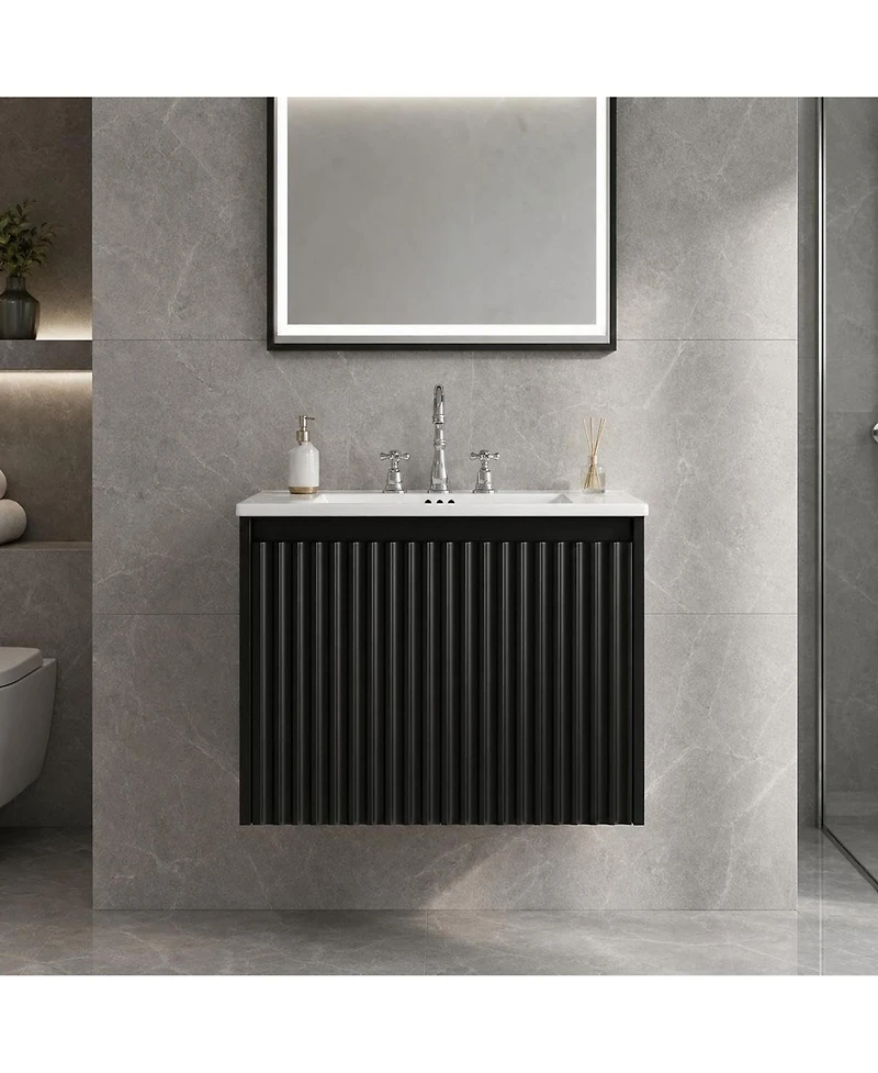 Wall Mounted Vanity with Sink 24 Inch Wood Fluted 2 Door Bathroom Cabinet 8" 3 Hole Ceramic Sink for Small Modern Bathroom