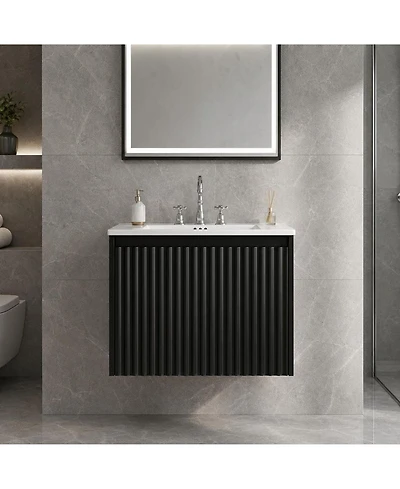 Wall Mounted Vanity with Sink 24 Inch Wood Fluted 2 Door Bathroom Cabinet 8" 3 Hole Ceramic Sink for Small Modern Bathroom