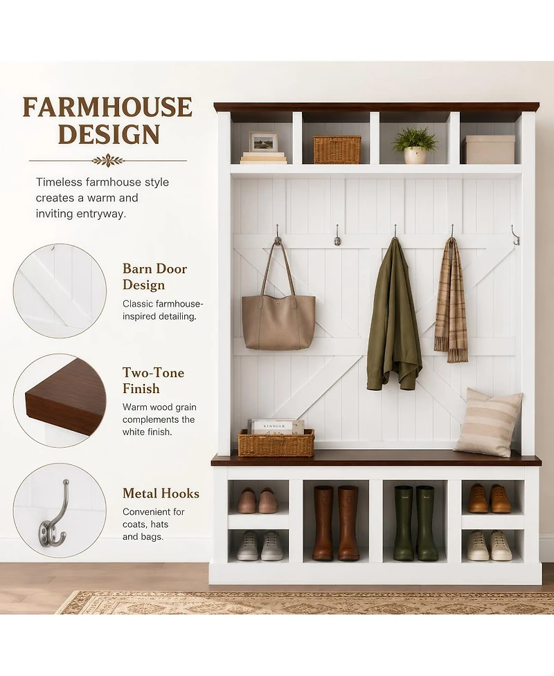 Streamdale Furniture Farmhouse Hall Tree with Bench and Shoe Storage