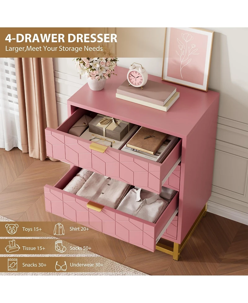 4 Drawer Dresser, Modern Chest of Drawers with Gold Metal Handles, Versatile Organizer Cabinet for Bedroom, Living Room, Hallway, Entryway