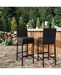 Set of 2 Wicker Outdoor Bar Stools, Counter Height Patio Bar Chairs with Soft Cushions, Backrest, Footrest, Weather Resistant Frame for Yard, Poolside