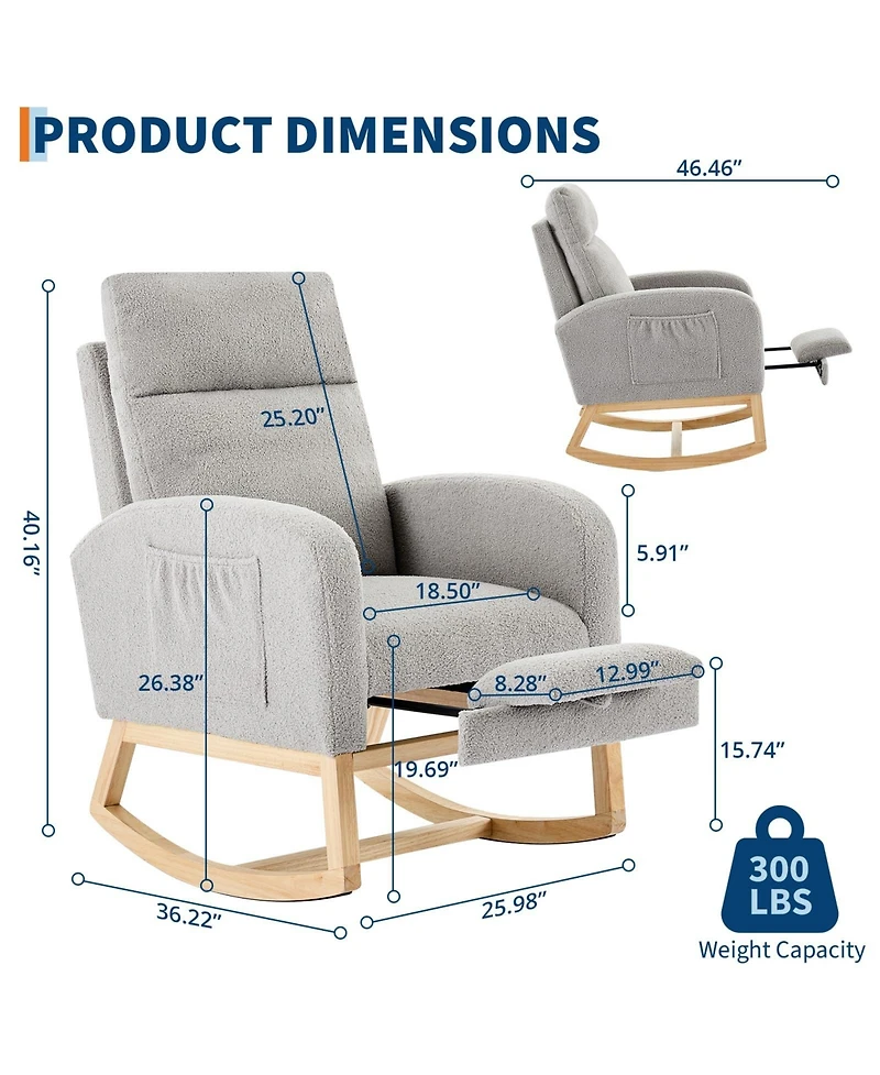 Rocking Chair Set of 2 Soft Fabric with Adjustable Footrest High Back Solid Wood Legs Dual Side Pockets for Living Room Nursery Dining Light Gray