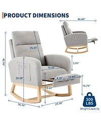 Rocking Chair Set of 2 Soft Fabric with Adjustable Footrest High Back Solid Wood Legs Dual Side Pockets for Living Room Nursery Dining Light Gray