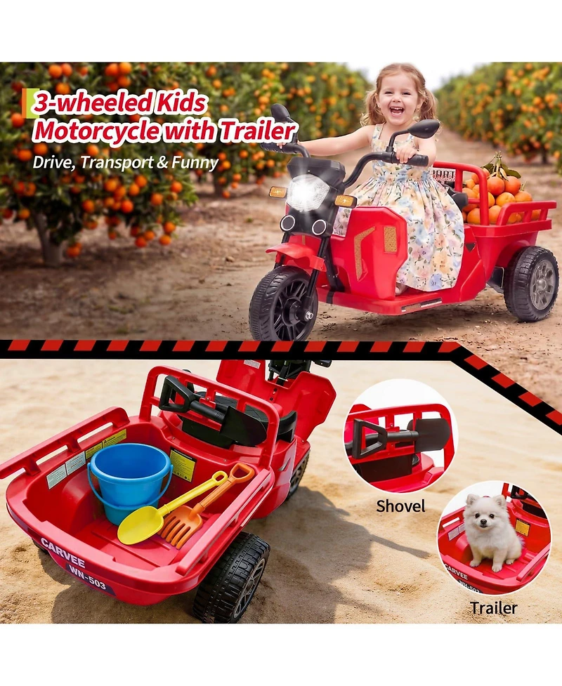 12V Kids Electric Motorcycle 3-Wheel Ride on Tractor with Trailer 2x55W Motor Bluetooth Music for Toddler Ages 3-8