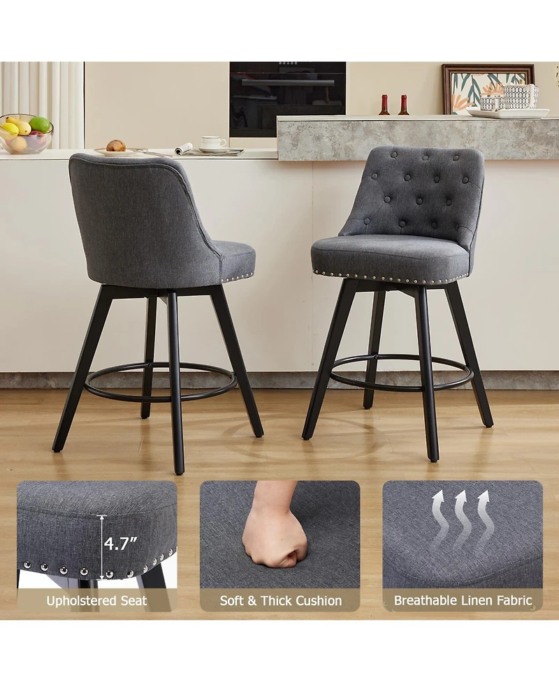 Modern Bar Stool Set of 2, 360 degrees) Swivel Counter Stool, Linen Upholstered Stool with Button Tufted Back, Footrest, Wooden Chair Set for Kitchen