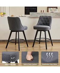 Modern Bar Stool Set of 2, 360 degrees) Swivel Counter Stool, Linen Upholstered Stool with Button Tufted Back, Footrest, Wooden Chair Set for Kitchen
