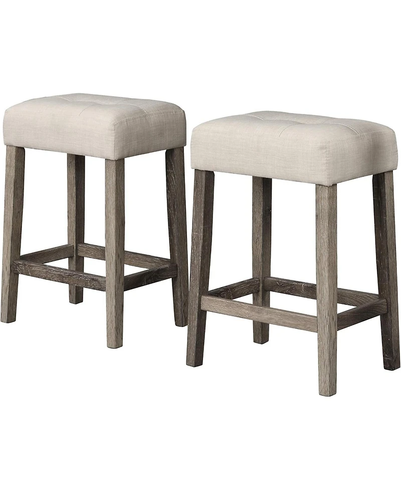 Flynama 3-Piece Antique Oak Counter Height Dining Set, Solid Wood Table with Outlet and 2 Tufted Linen Stools