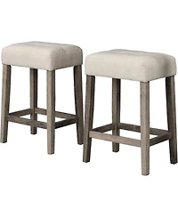 Flynama 3-Piece Antique Oak Counter Height Dining Set, Solid Wood Table with Outlet and 2 Tufted Linen Stools