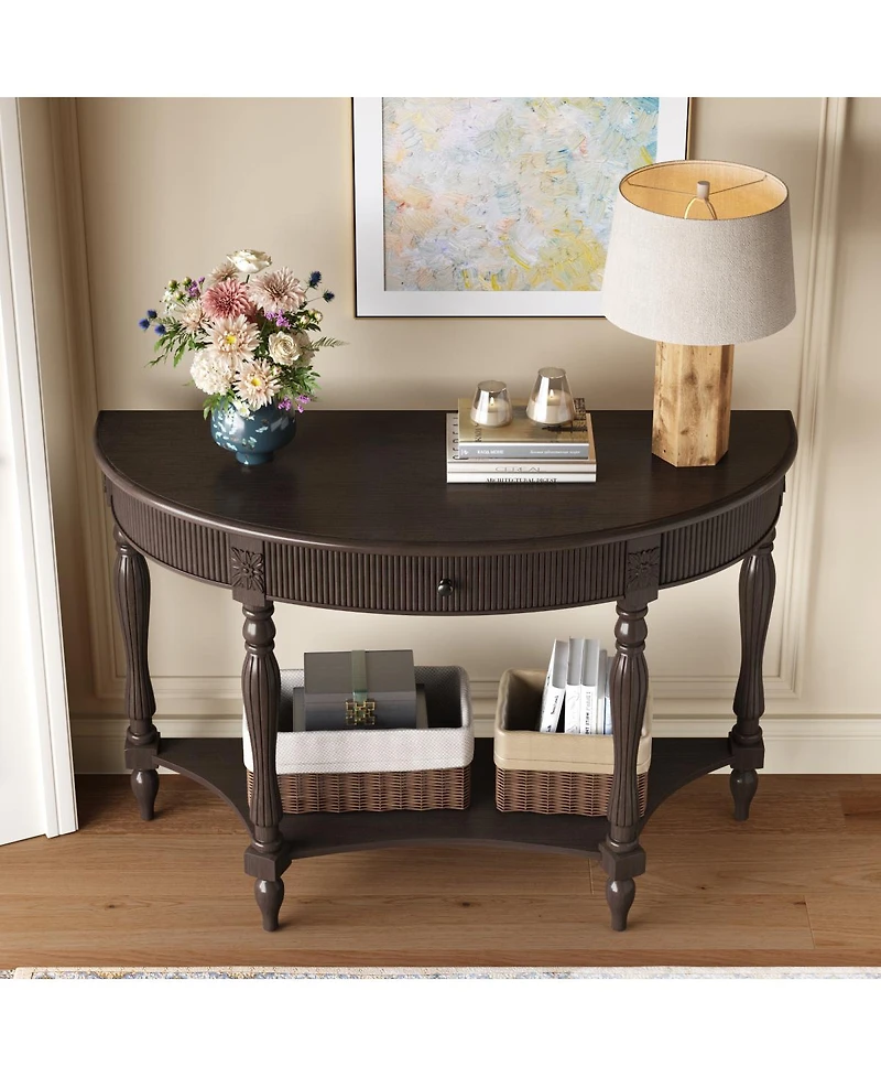 Streamdale Furniture Solid Wood Half Moon Console Table with Drawer and Shelf, Deep Rustic