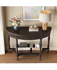 Streamdale Furniture Solid Wood Half Moon Console Table with Drawer and Shelf, Deep Rustic