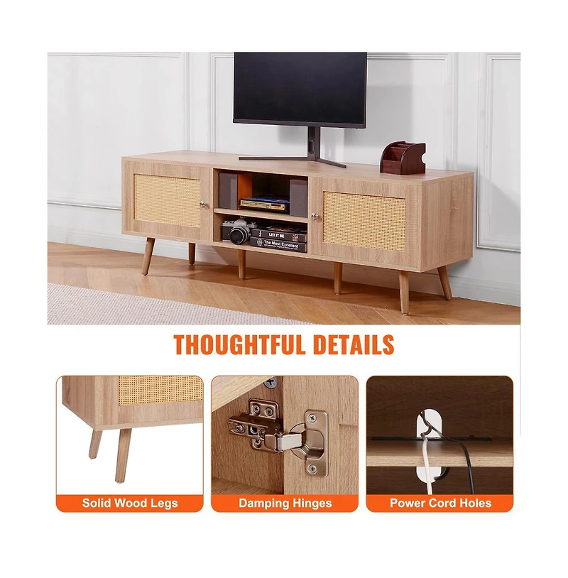 Slickblue Mid Century Modern Rattan Tv Stand with Built-In Socket, Storage Shelves for Living Room
