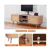 Slickblue Mid Century Modern Rattan Tv Stand with Built-In Socket, Storage Shelves for Living Room