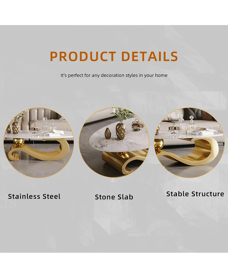 Streamdale Furniture Gold Metal Coffee Table with Stainless Steel Pedestal and Faux Marble Top