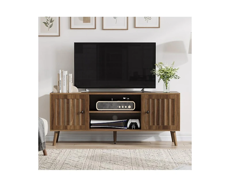sumyeg Mid-Century Modern Tv Stand Cabinet with Adjustable Shelves and Solid Wood