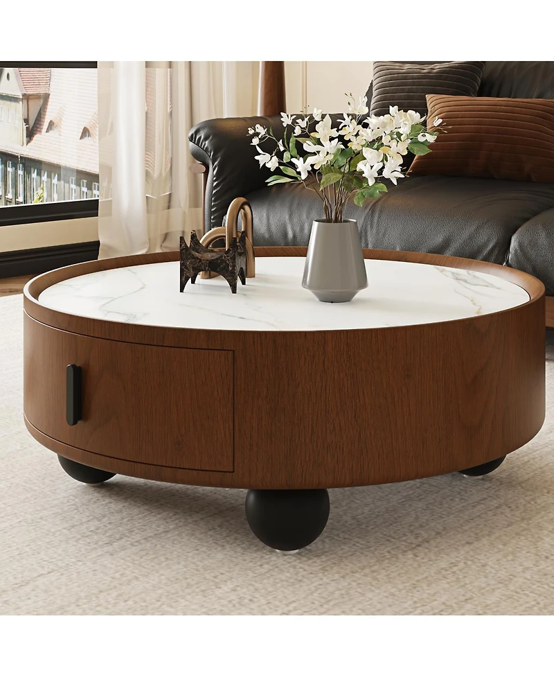 Streamdale Furniture 35" Round Marble-Look Coffee Table with Storage and Ball Feet