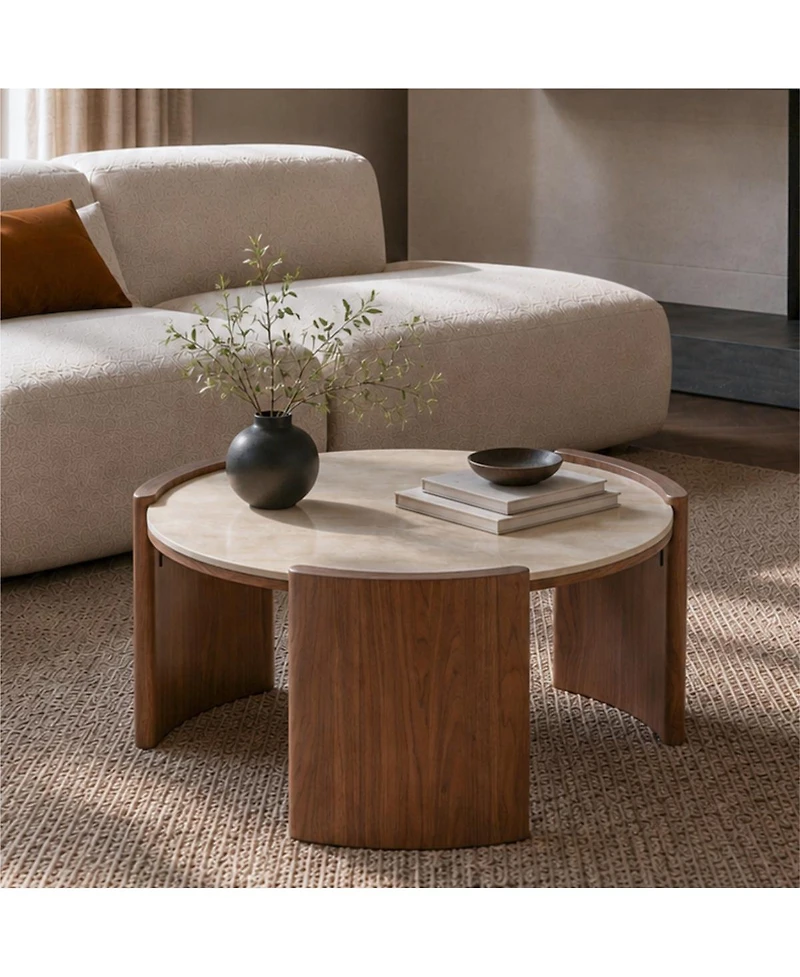 Streamdale Furniture Modern Round Sintered Stone Coffee Table with Walnut Legs