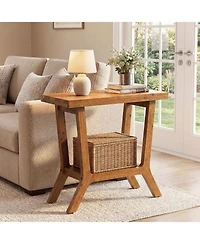 Tribesigns Solid Wood Side Table for Living Room, Small Wooden End Table with 2-Tier Storage