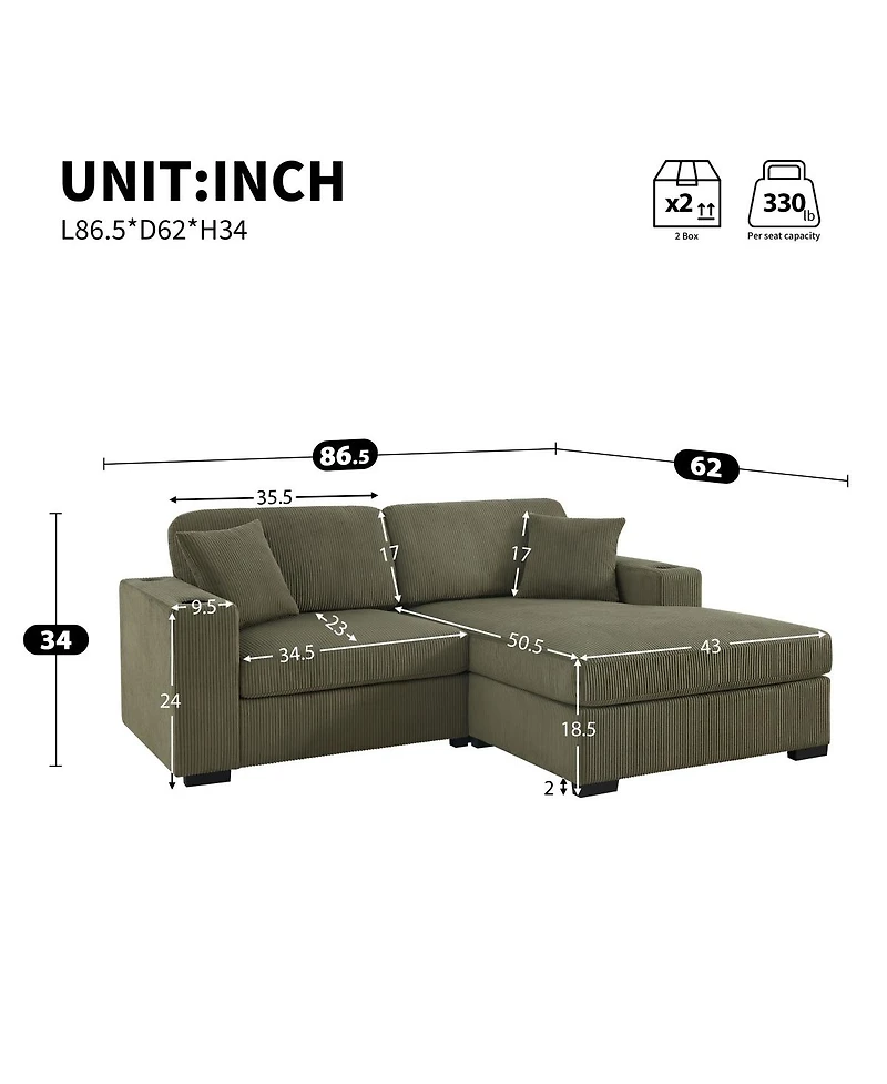 Streamdale Furniture 86.5" Corduroy L-Shaped Sectional Sofa with Usb Ports and Cup Holders