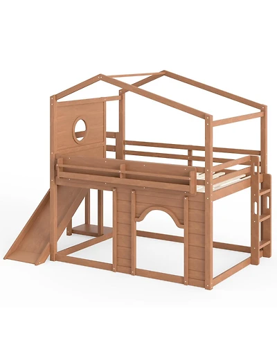 Streamdale Furniture Full Size House Loft Bed with Slide, Wardrobe and Bookshelves