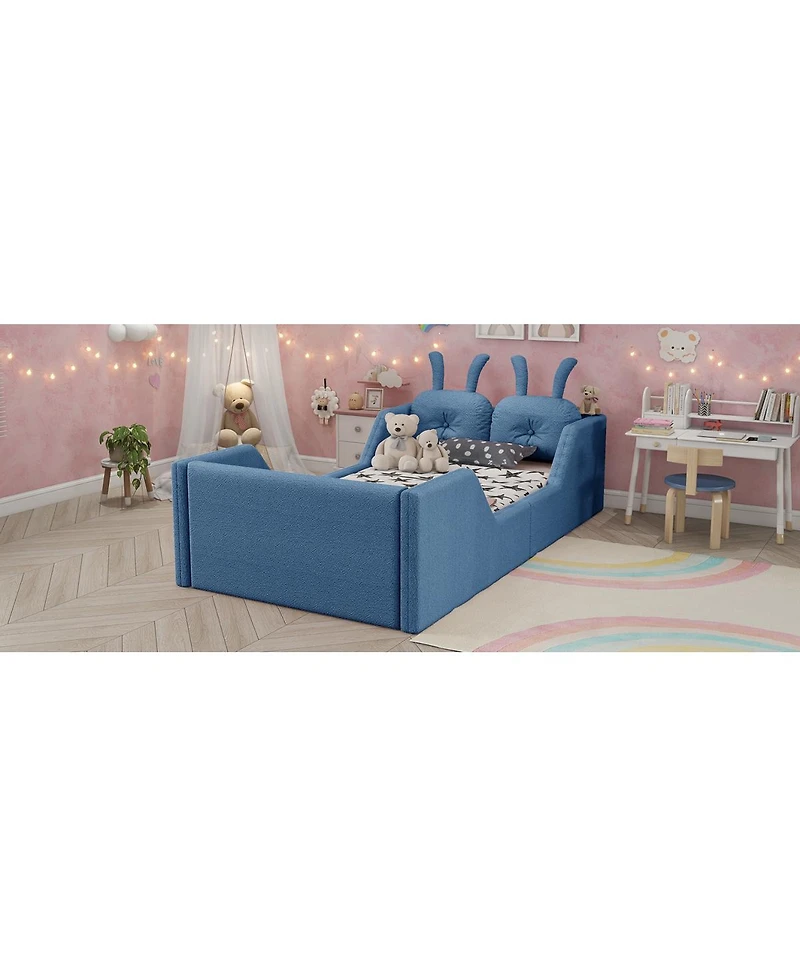 Streamdale Furniture Twin Upholstered Kids Floor Bed with Rabbit Cushion and Side Rails