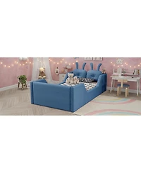 Streamdale Furniture Twin Upholstered Kids Floor Bed with Rabbit Cushion and Side Rails
