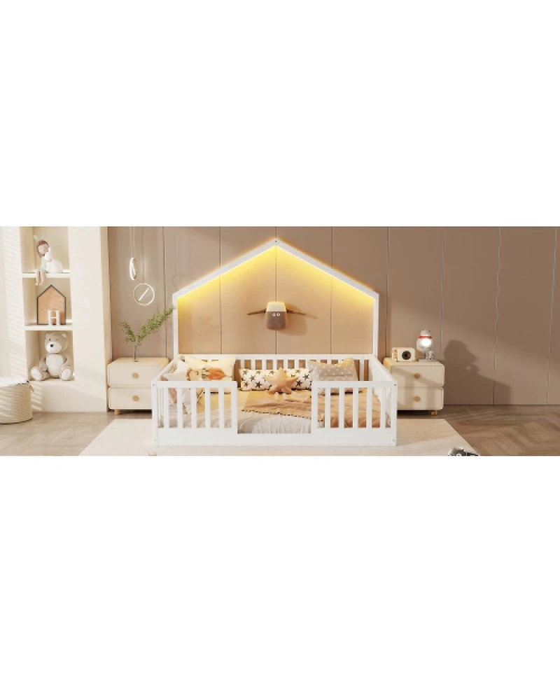 Streamdale Furniture Full Floor Bed with High Rails and Light for Kids