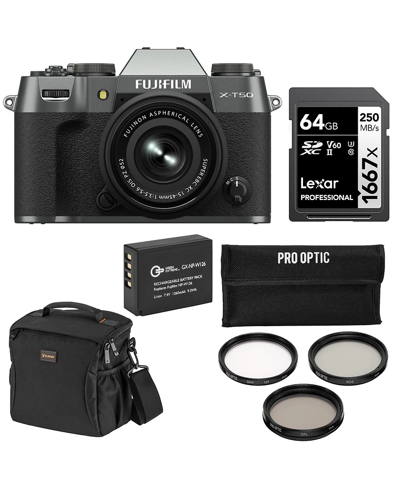Fujifilm X-T50 Mirrorless Camera with Xc 15-45mm for3.5-5.6 Ois Pz Lens, Bundle with Extra Battery, 64GB Memory Card, Shoulder Bag and 52mm