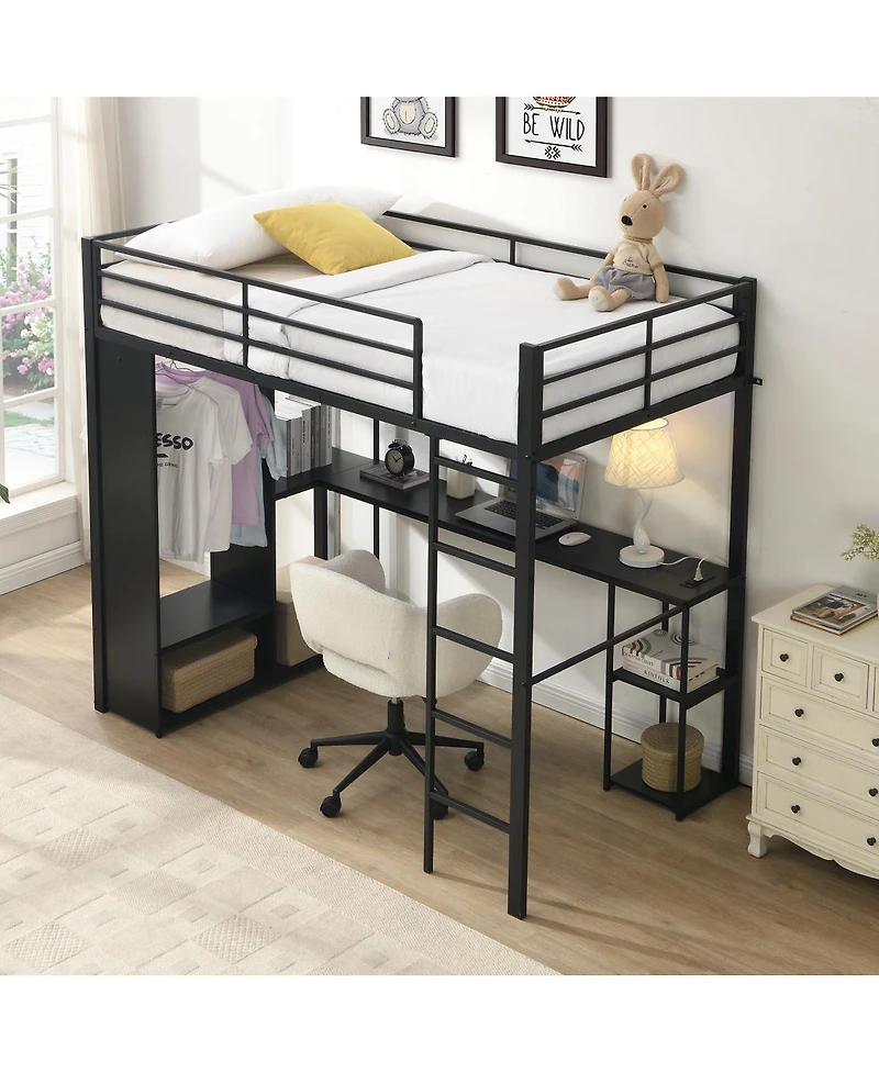 Streamdale Furniture Twin Metal Loft Bed with Desk and Open Storage Cabinet