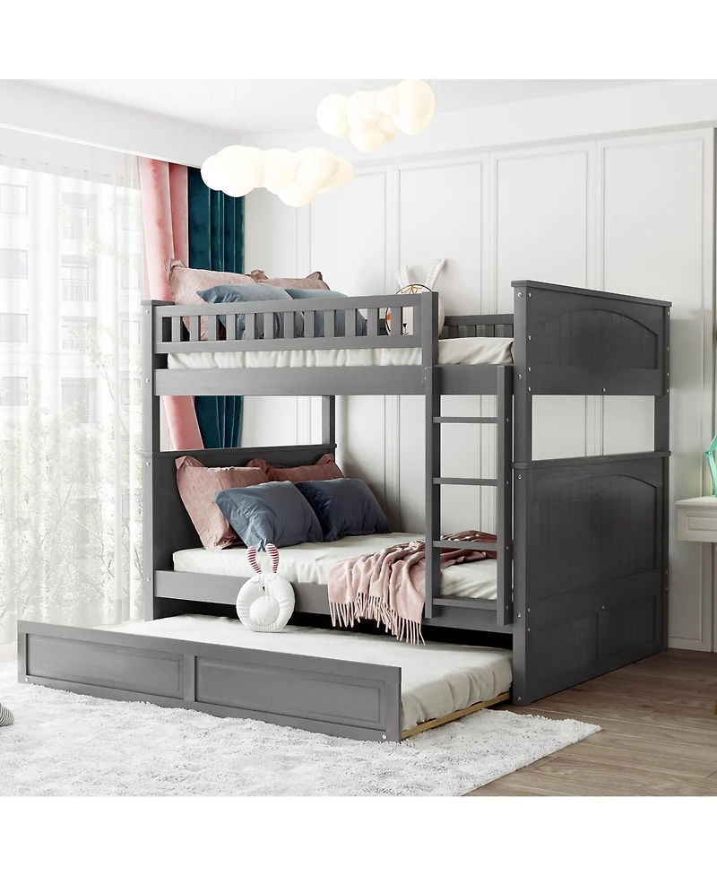 Clihome Full Over Bunk Bed with Twin Trundle,Pine Wood Guardrails