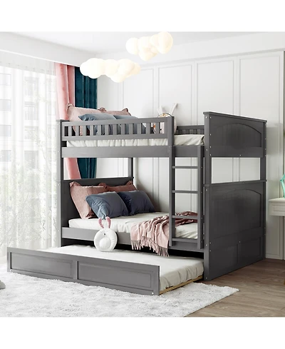 Clihome Full Over Bunk Bed with Twin Trundle,Pine Wood Guardrails