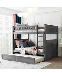 Clihome Full Over Bunk Bed with Twin Trundle,Pine Wood Guardrails