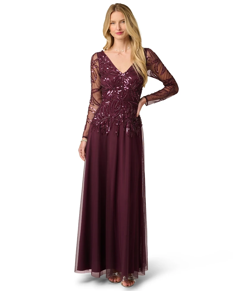 Adrianna Papell Petite Long-Sleeve Sequined V-Neck Gown