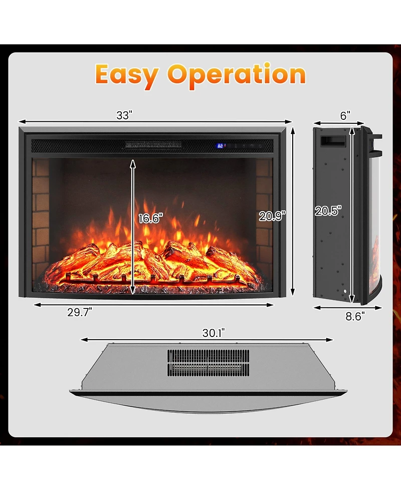 Gymax 33'' Curved Recessed Electric Fireplace Insert 750W/1500W Fireplace Heater Black