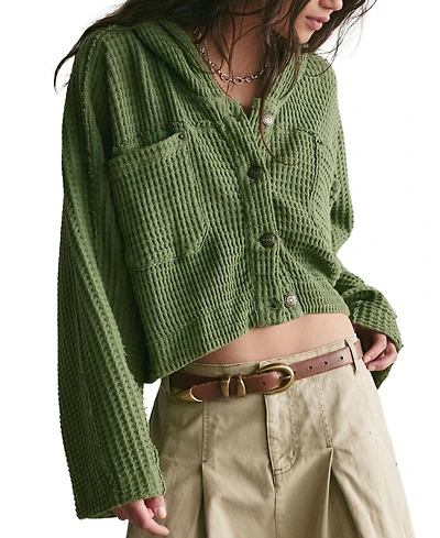 Free People Women's Lolli Swing Cropped Waffle-Knit Hooded Cardigan