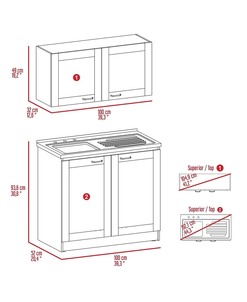Fm Furniture Everett Kitchen Cabinet Set with Wall Cabinet, Storage Shelves, and Pantry