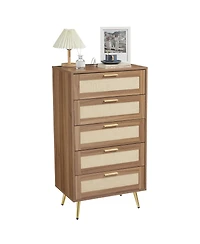 gaomon Modern Rattan 5-Drawer Dresser with Metal Handles and Splayed Legs – Mdf Tall Chest of Drawers for Bedroom, Entryway Living Room Storage