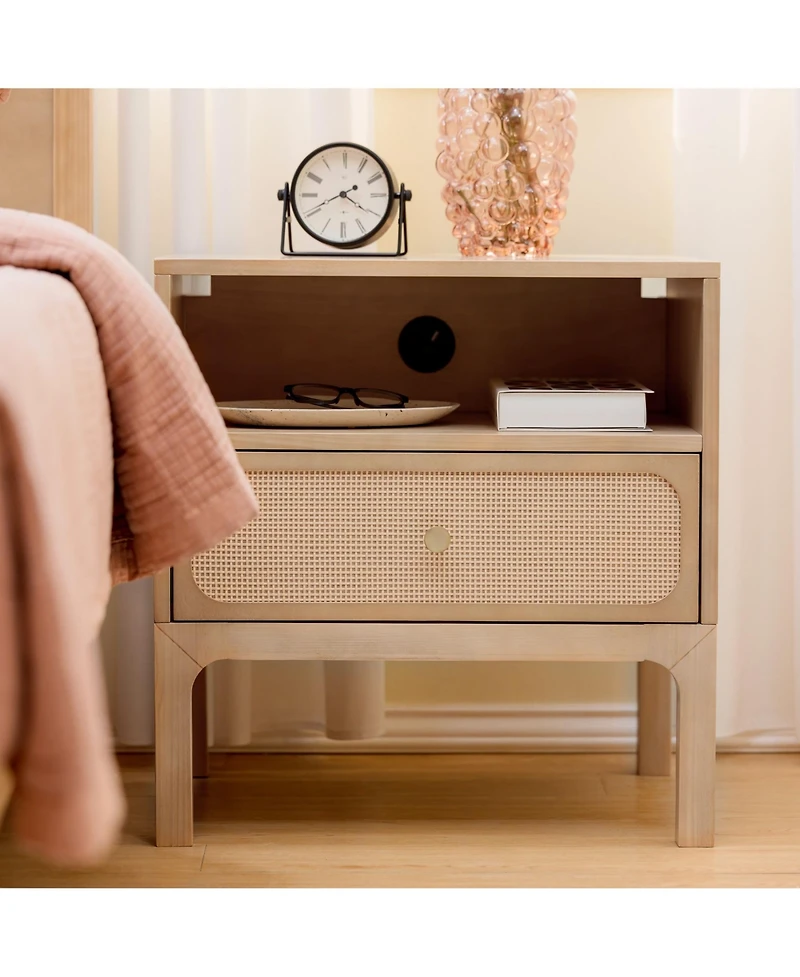 Plank+Beam Elio Rattan Cubby Nightstand with 1 Drawer, Electrical Outlet and Brass Knob