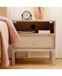 Plank+Beam Elio Rattan Cubby Nightstand with 1 Drawer, Electrical Outlet and Brass Knob
