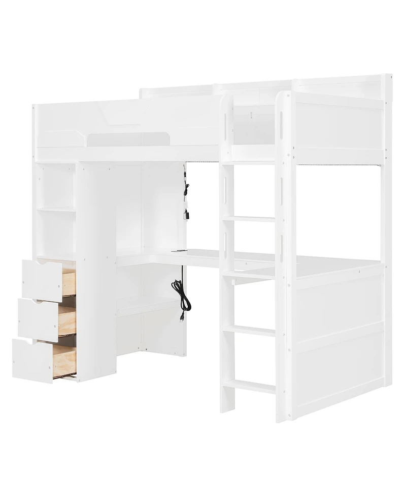 Clihome Twin Size Wooden Gaming Loft Bed with U-Shaped Desk, Smart Rgb Led Lights,Multi-Functional High Sleeper with 3 Drawers for Teens Adults