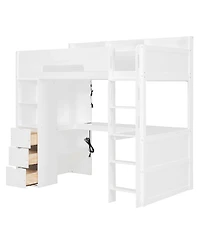 Clihome Twin Size Wooden Gaming Loft Bed with U-Shaped Desk, Smart Rgb Led Lights,Multi-Functional High Sleeper with 3 Drawers for Teens Adults