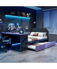 Clihome Full Size Wood Daybed with Twin Size Trundle,Desk and Usb